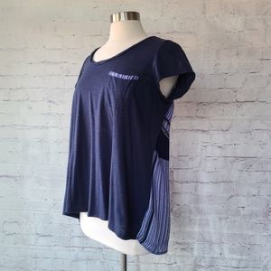 Anthropologie One September Navy Mixed Material Pleated Back Trapeze Tee Medium